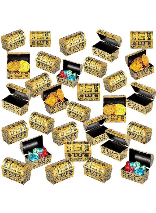 Threan 32 Pieces Halloween Pirate Treasure Chests 2.3 Inch Plastic mini Treasure Chests with a Gold Finish Vintage Pirate Jewelry Box Games Toy Set Party Favors Supplies for Boys Girls Party - Image 3