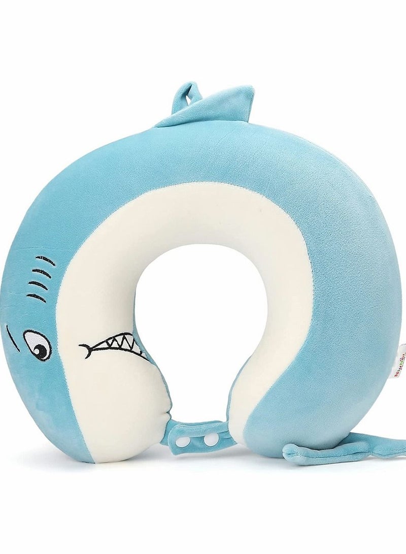 SYOSI Kids Travel Pillow, 100% Pure Memory Foam Neck Pillow for Airplane, Road Trip, Car Seat, Neck, Chin Supporting, Stop Head from Falling Forward, Comfortable and Breathable Cover (Cute Shark Animal) - Image 1