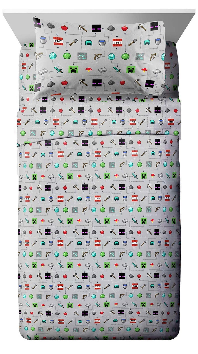Jay Franco Kids Sheet Set with Fitted Flat Sheets  Pillow Cover  UltraSoft Bedding with Pillowcase for Room Decor Gray  Minecraft 4 Piece Full