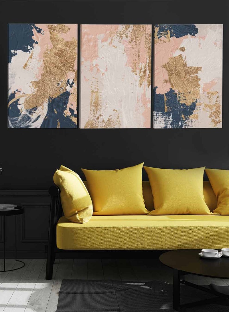 لوحة طقم من ٣ لوحات كانفاس على إطار خشبي تصميم رسم تجريدي زيتي للمنزل غرفة المعيشة المكتب الديكور - Image 3