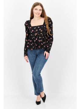 1 State Women Square Neck Floral Print Long Sleeve Blouse, Black Combo  - Image 2
