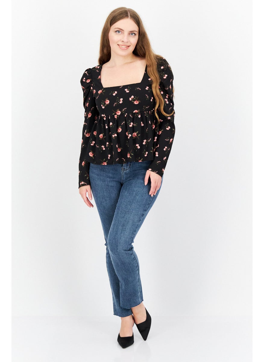 1 State Women Square Neck Floral Print Long Sleeve Blouse, Black Combo  - Image 2