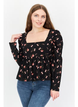 1 State Women Square Neck Floral Print Long Sleeve Blouse, Black Combo  - Image 1