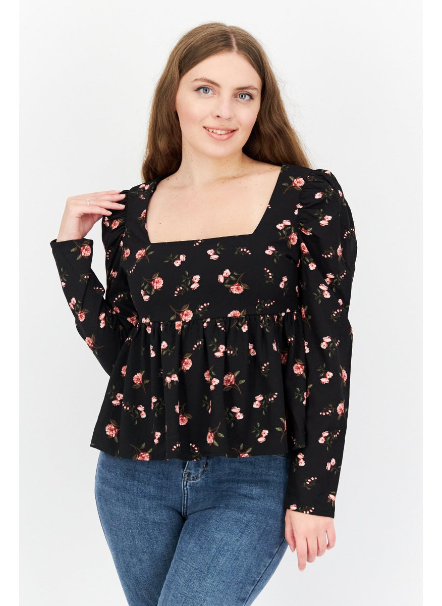 1 State Women Square Neck Floral Print Long Sleeve Blouse, Black Combo  - Image 1