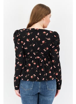 1 State Women Square Neck Floral Print Long Sleeve Blouse, Black Combo  - Image 3