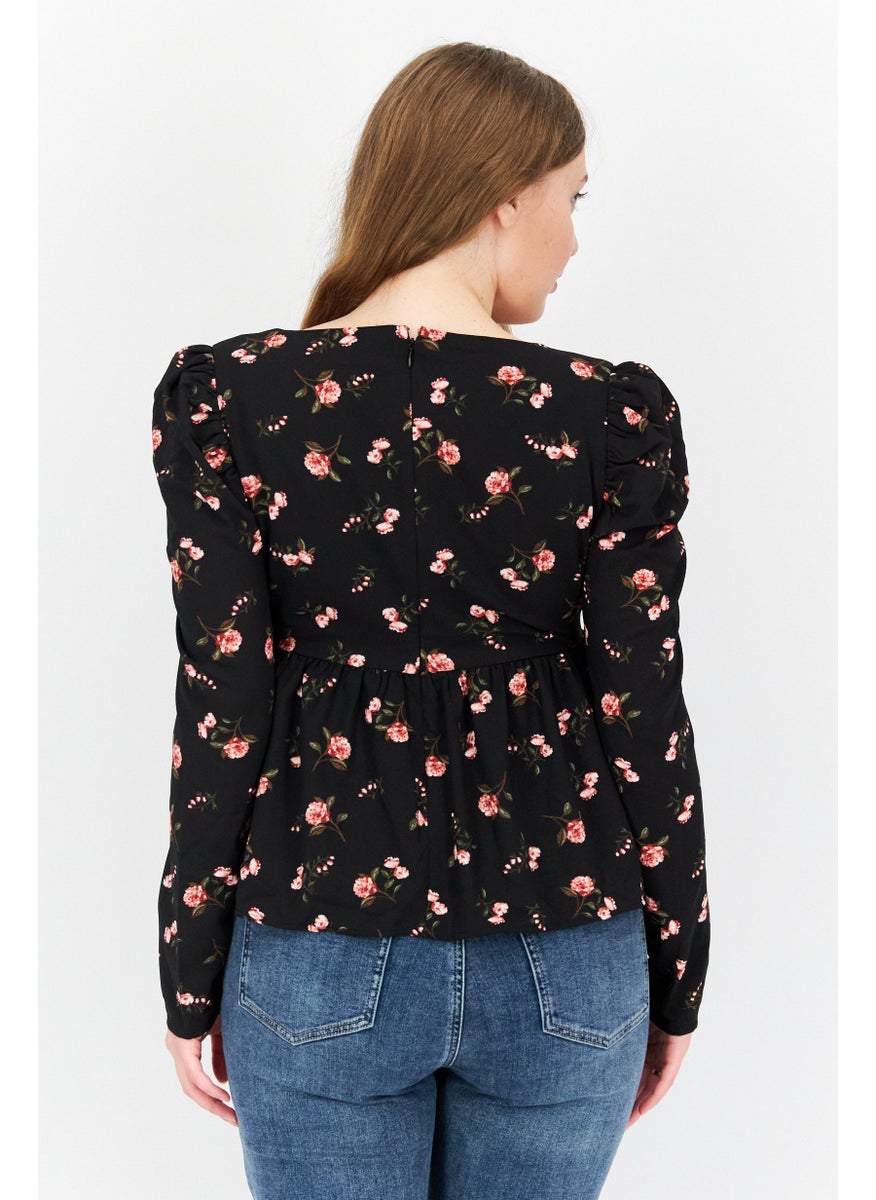 1 State Women Square Neck Floral Print Long Sleeve Blouse, Black Combo  - Image 3