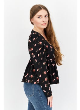 1 State Women Square Neck Floral Print Long Sleeve Blouse, Black Combo  - Image 4