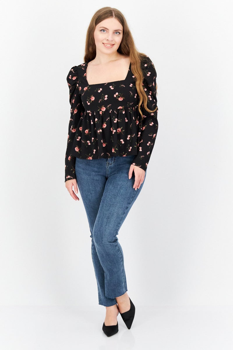 1 State Women Square Neck Floral Print Long Sleeve Blouse, Multicolor - Image 2