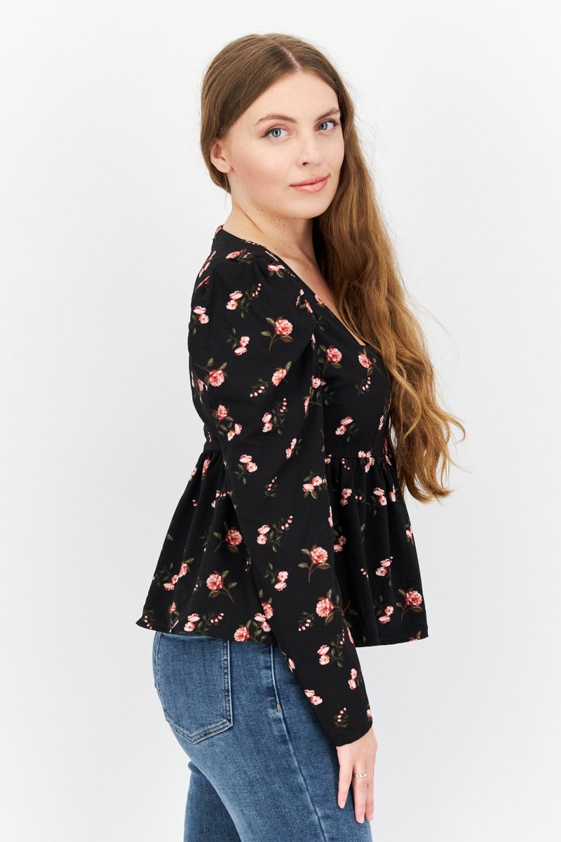 1 State Women Square Neck Floral Print Long Sleeve Blouse, Multicolor - Image 4