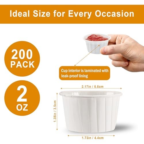 Cupplation Paper Souffle Portion Cups, 2 oz, 200 Count,Small,Leak-Proof Disposable Paper Jello Shot Cups for Condiments, Sauces, Samples, Desserts (2 oz) - Image 2