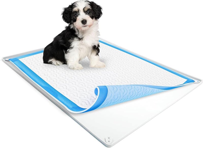 Skywin TidyFriend Dog Pee Pad Holder Tray Fits for 30â€ x 36â€ Pee Pads with Corner Lock Holes, Raised Edges, Non-Spill, Easy to Clean Silicone Dog Potty Tray Holder, For Indoor Floor Protection (White) - Image 1