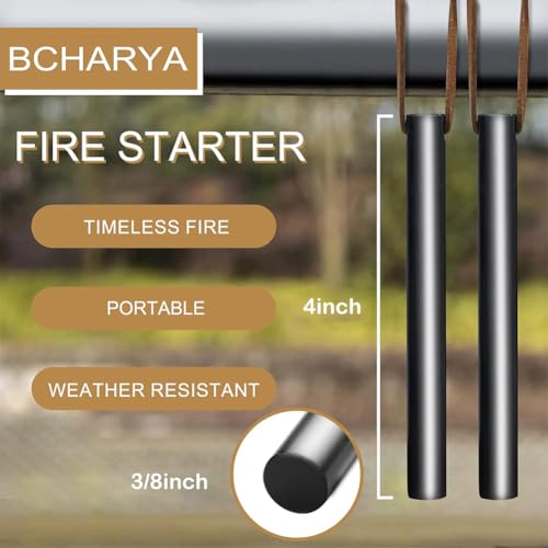 BCHARYA Fire Starter Survival Tool, Ferro Rod Kit with Leather Neck Lanyard and Multi-Tool Striker, Flint and Steel Survival Igniter with Tinder Rope and Tab for Camping, Hiking and Emergency - Image 2