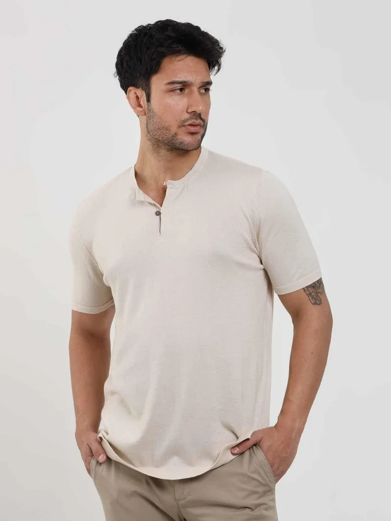 Dufy Beige Men's Slim Fit Plain Buttoned O-Neck Sweater - 104641