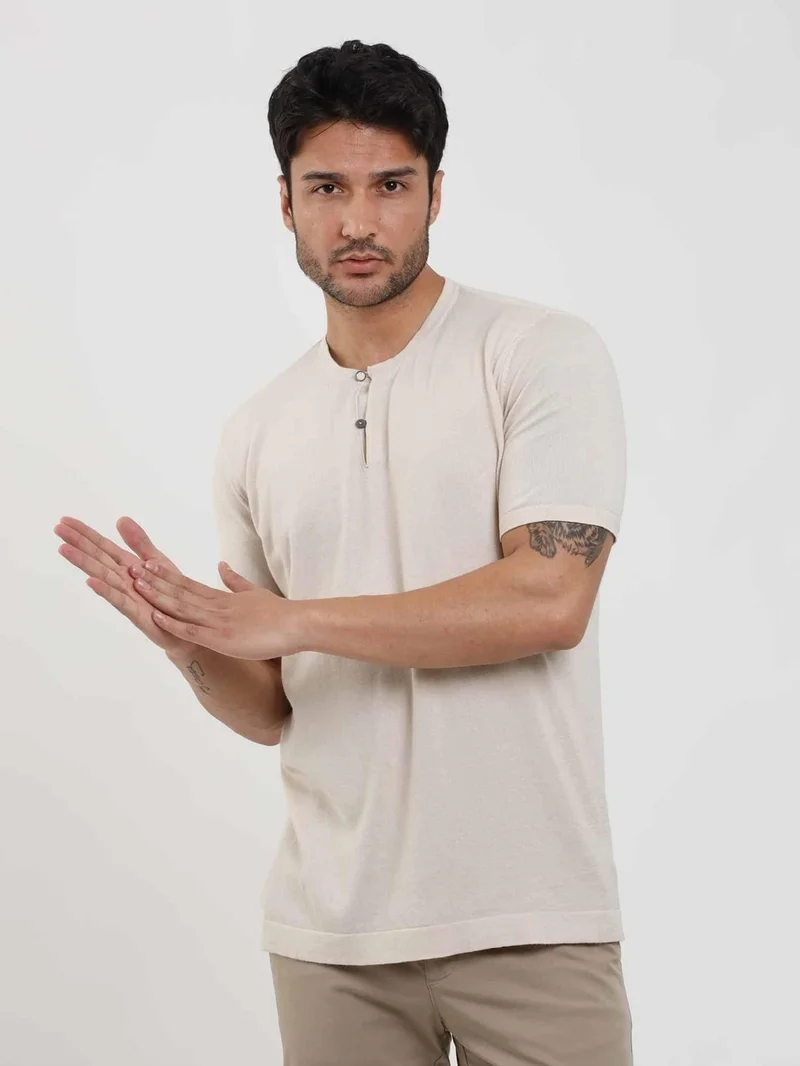 Dufy Beige Men's Slim Fit Plain Buttoned O-Neck Sweater - 104641