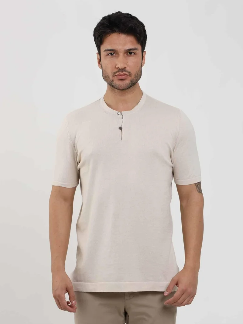 Dufy Beige Men's Slim Fit Plain Buttoned O-Neck Sweater - 104641
