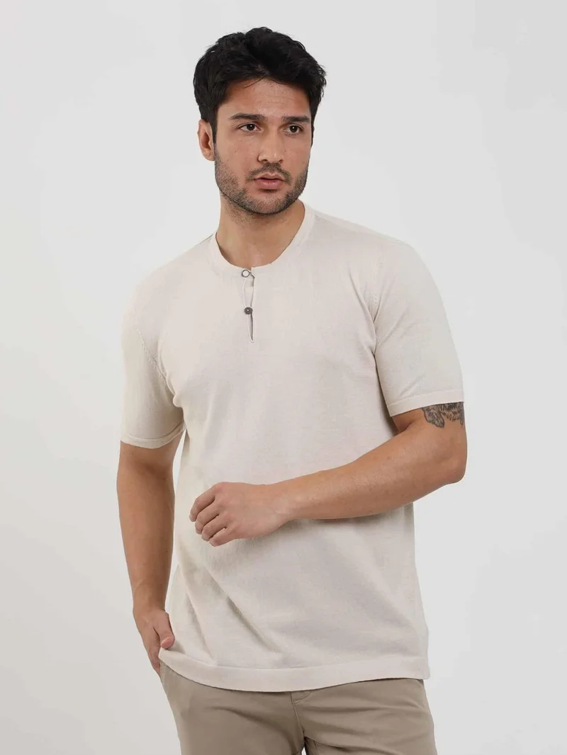 Dufy Beige Men's Slim Fit Plain Buttoned O-Neck Sweater - 104641