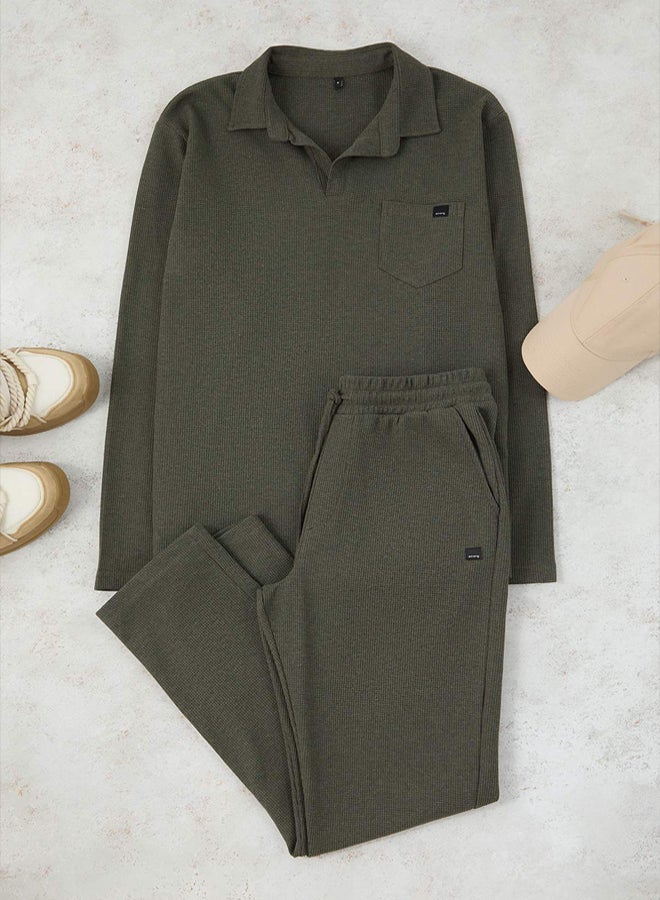 trendyol Khaki Regular Cut Polo Neck Label Detailed Textured Pajama Set - Image 1