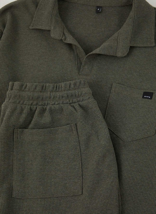 trendyol Khaki Regular Cut Polo Neck Label Detailed Textured Pajama Set - Image 2