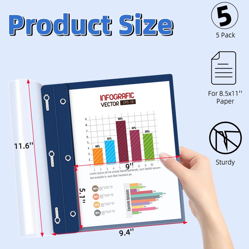 HAUTOCO 5 Pack Plastic Report Covers with 3 Prongs Fasteners Clear Front Resume Portfolio Folder for 8.5x11 Letter Size Paper, Presentation Document Report Cover for School Office Business, Navy Blue - Image 2