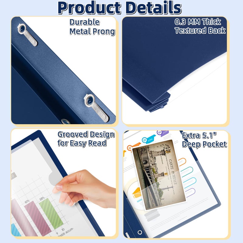 HAUTOCO 5 Pack Plastic Report Covers with 3 Prongs Fasteners Clear Front Resume Portfolio Folder for 8.5x11 Letter Size Paper, Presentation Document Report Cover for School Office Business, Navy Blue - Image 3