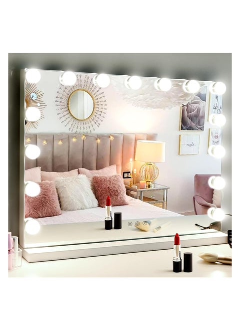Hollywood Vanity Mirrors 58cm Lighted Makeup Mirror With 15 Dimmable LED Bulb 3 Color Lights Sturdy White Frame