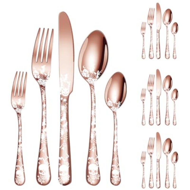 Halloween Themed Skeleton ware Set for 4, 20-Piece Stainless Steel Flatware Set, Gothic Skeleton Pattern Decorative Cutlery Set, Halloween Easter and Christmas Tableware - Image 1