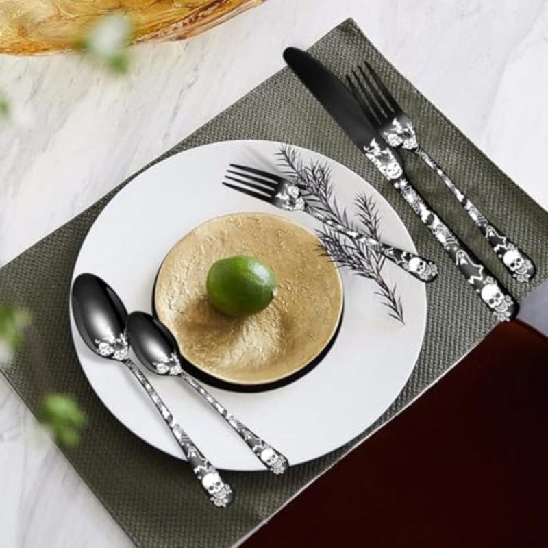 Halloween Themed Skeleton ware Set for 4, 20-Piece Stainless Steel Flatware Set, Gothic Skeleton Pattern Decorative Cutlery Set, Halloween Easter and Christmas Tableware - Image 5