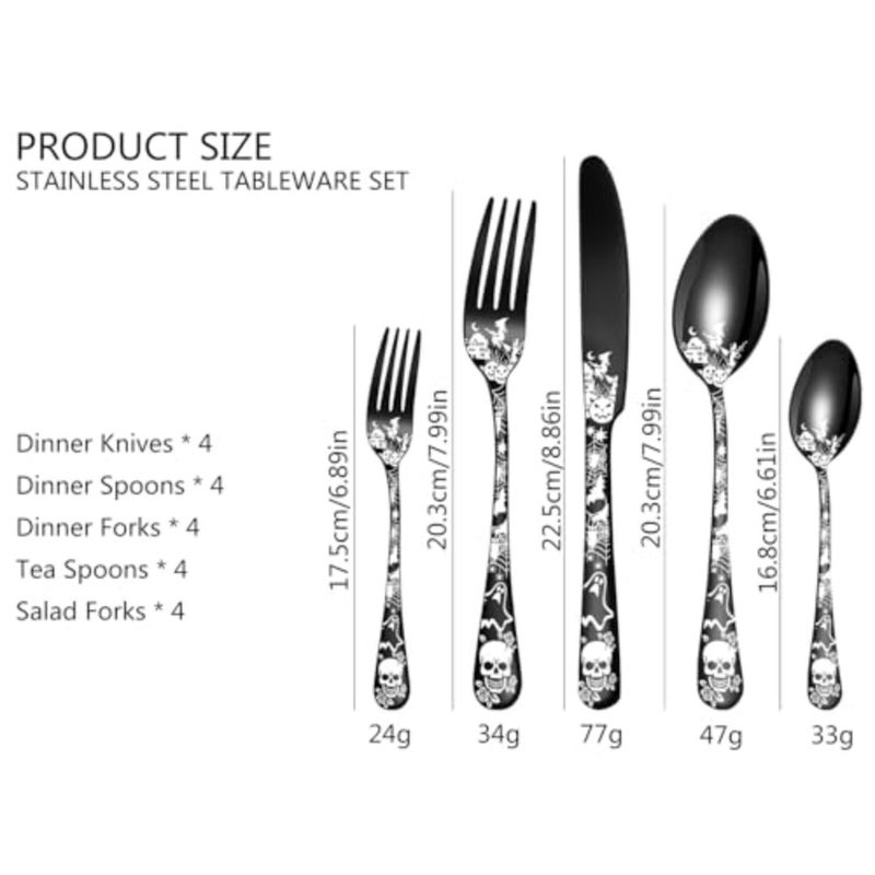 Halloween Themed Skeleton ware Set for 4, 20-Piece Stainless Steel Flatware Set, Gothic Skeleton Pattern Decorative Cutlery Set, Halloween Easter and Christmas Tableware - Image 3