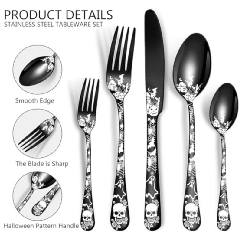 Halloween Themed Skeleton ware Set for 4, 20-Piece Stainless Steel Flatware Set, Gothic Skeleton Pattern Decorative Cutlery Set, Halloween Easter and Christmas Tableware - Image 2