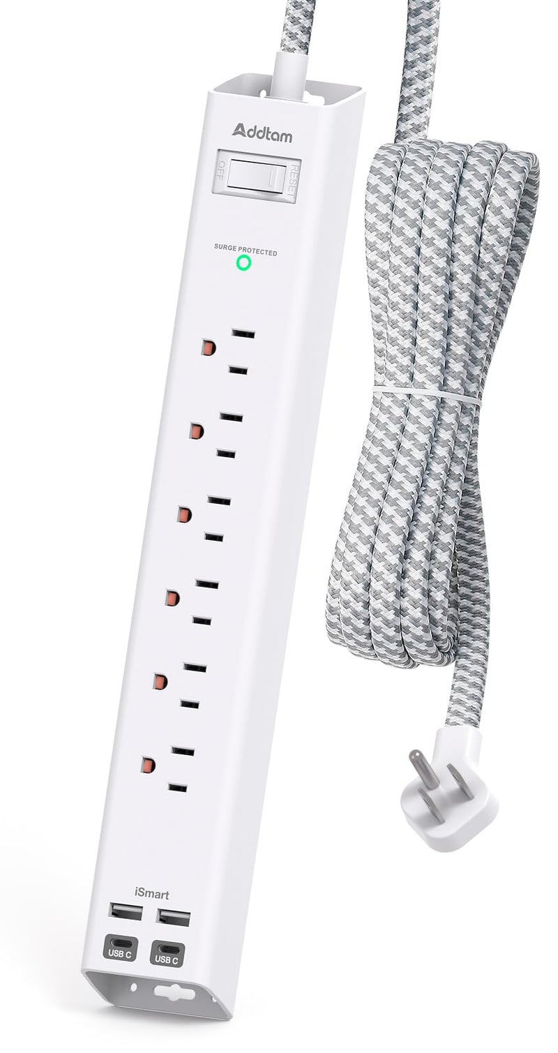 Addtam Power Strip Surge Protector with USB C - Flat Plug Extension Cord with 6 AC Outlets 4 USB (2 USB C), Wall Mount, 5ft, 900 J, Multi Plug Outlet Extender for Home Office Dorm Room Essentials - Image 1