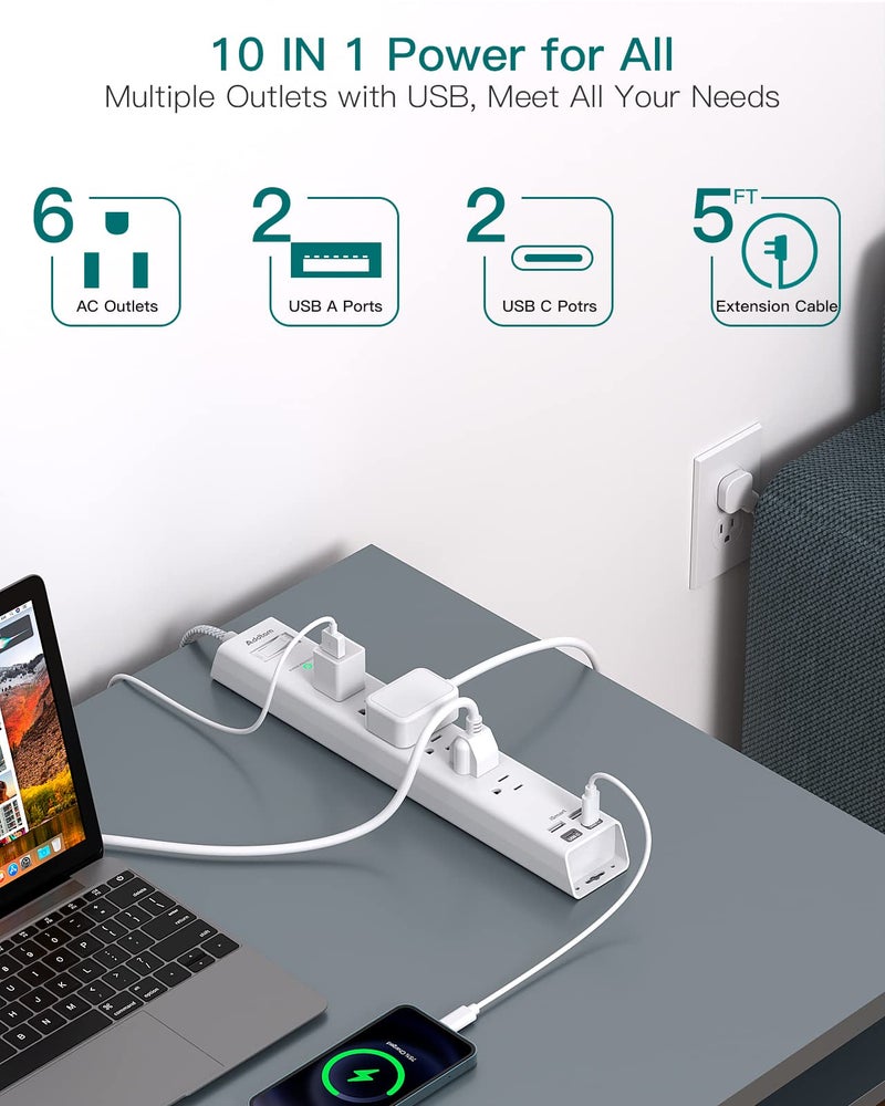 Addtam Power Strip Surge Protector with USB C - Flat Plug Extension Cord with 6 AC Outlets 4 USB (2 USB C), Wall Mount, 5ft, 900 J, Multi Plug Outlet Extender for Home Office Dorm Room Essentials - Image 3