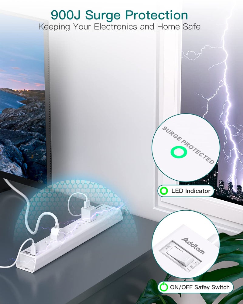 Addtam Power Strip Surge Protector with USB C - Flat Plug Extension Cord with 6 AC Outlets 4 USB (2 USB C), Wall Mount, 5ft, 900 J, Multi Plug Outlet Extender for Home Office Dorm Room Essentials - Image 5
