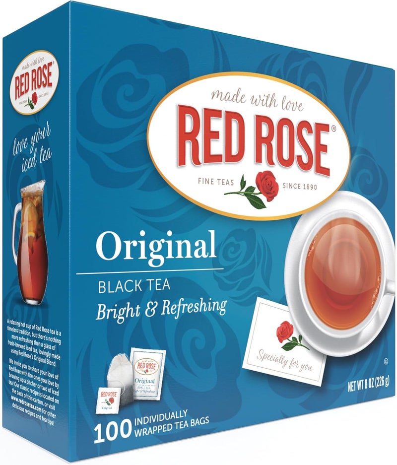 Red Rose Original Full Flavored Black Tea - 8oz Box of 100 Individually Wrapped Tea Bags - Image 1