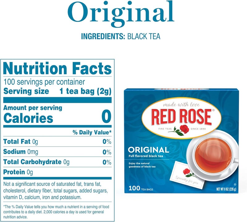 Red Rose Original Full Flavored Black Tea - 8oz Box of 100 Individually Wrapped Tea Bags - Image 2