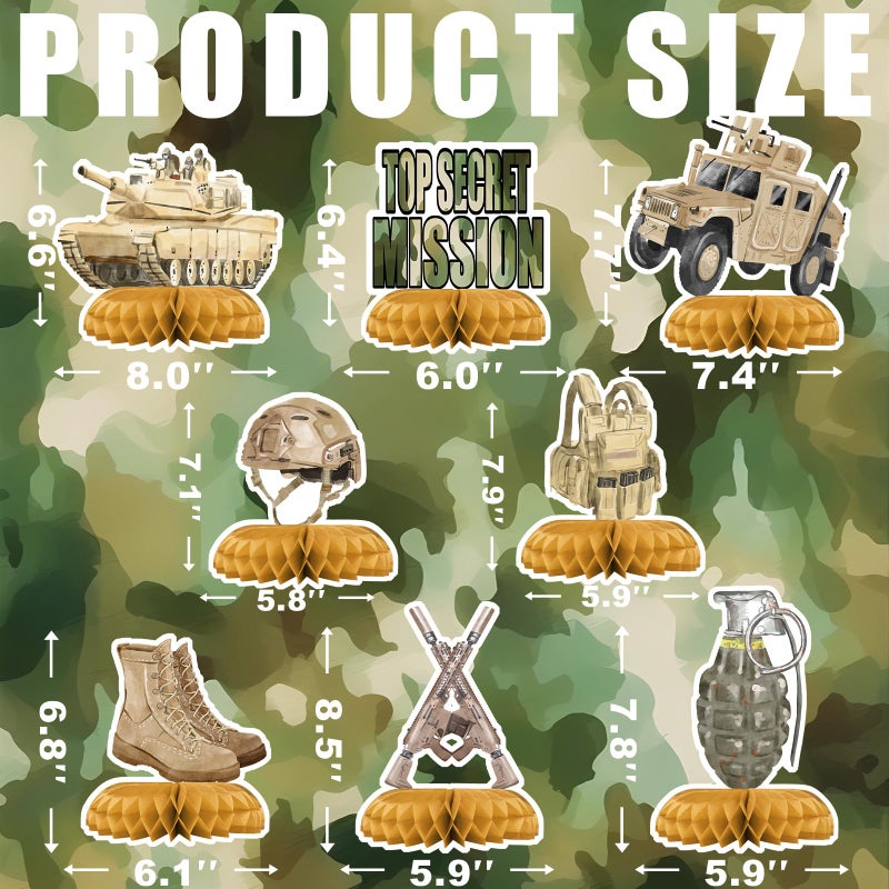 Outego Army Party Centerpiece Set - 3D Tank Honeycomb Army Birthday Decorations and Army Table Toppers for Kids' Military-Themed Birthday and Baby Shower Table DÃ©cor - Image 3