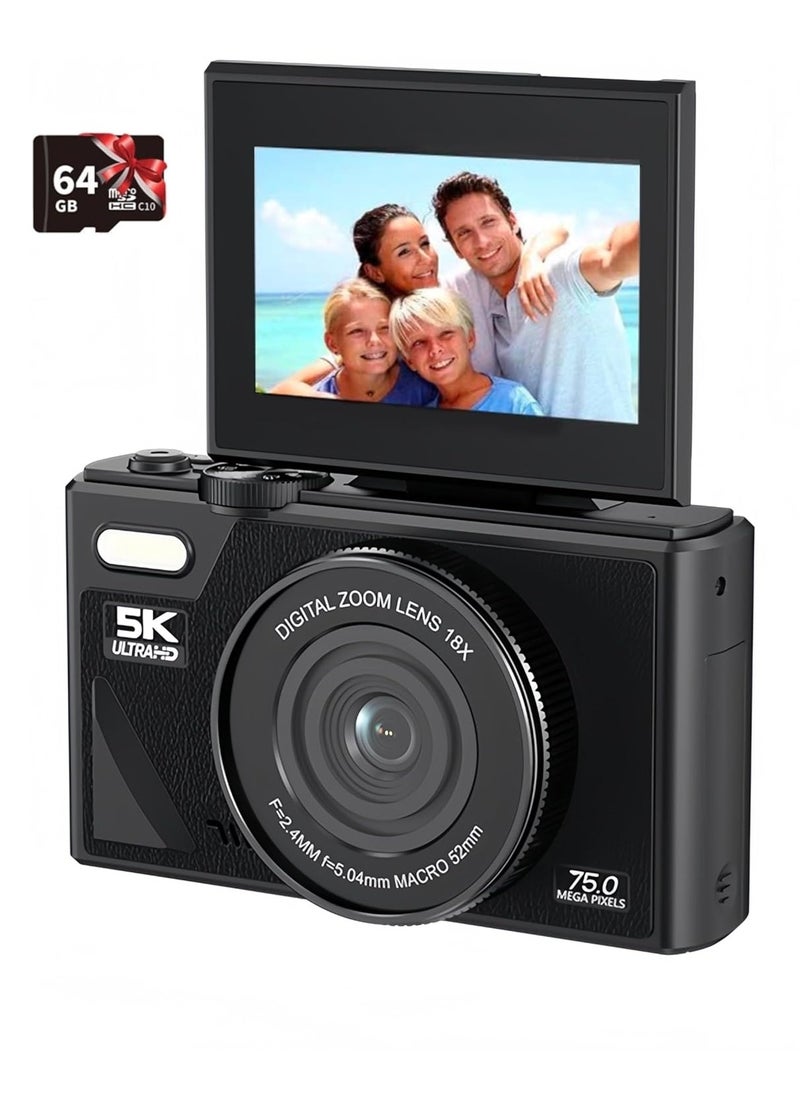 Generic Digital Camera, 5K Vlogging Camera, Kids Camera 75MP Point and Shoot Digital Cameras with 64GB TF Card, 18X Zoom, For Kids Boys Girls(Black)  - Image 1