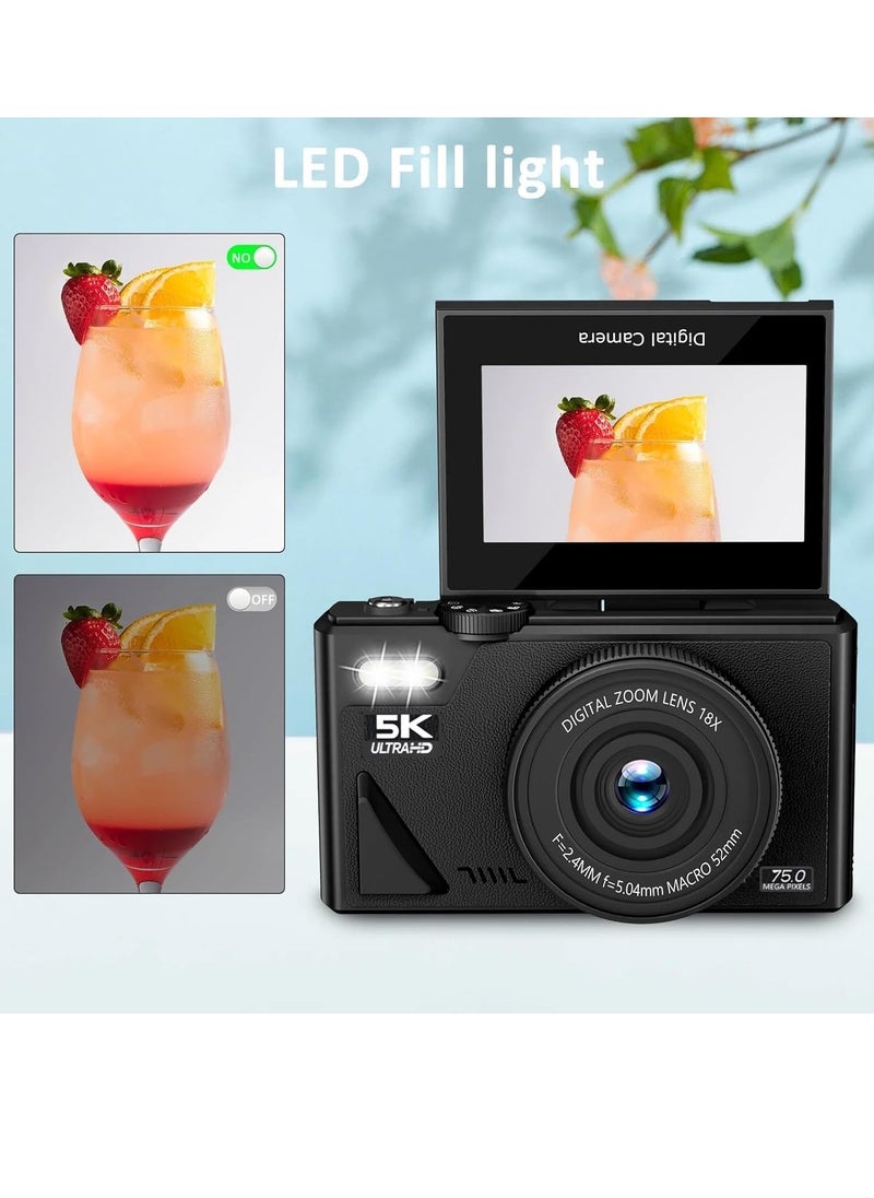 Generic Digital Camera, 5K Vlogging Camera, Kids Camera 75MP Point and Shoot Digital Cameras with 64GB TF Card, 18X Zoom, For Kids Boys Girls(Black)  - Image 4