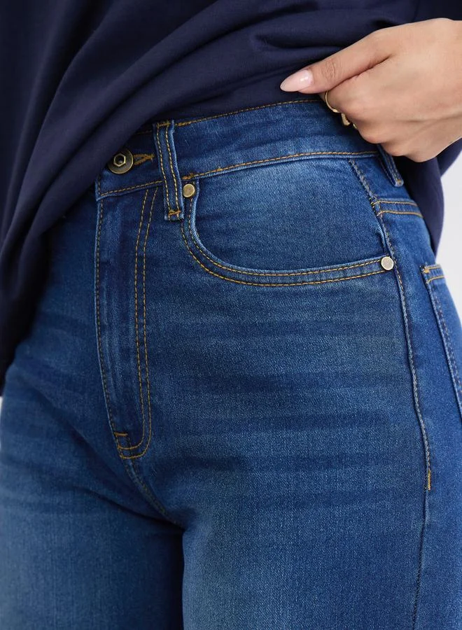 Styli Dark Blue Blue Tapered Fit High Rise Jeans for Women | Best Price UAE