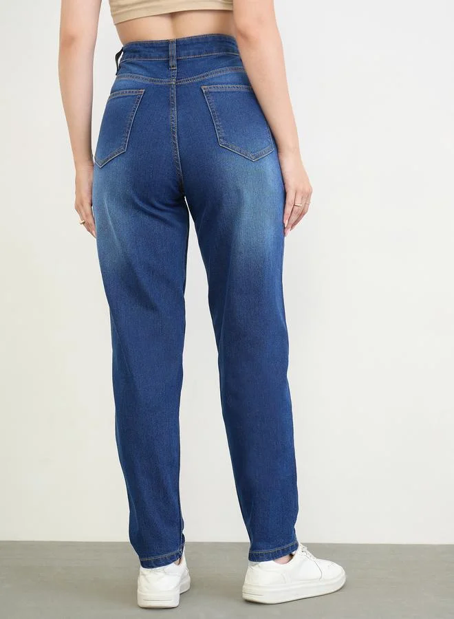 Styli Dark Blue Blue Tapered Fit High Rise Jeans for Women | Best Price UAE
