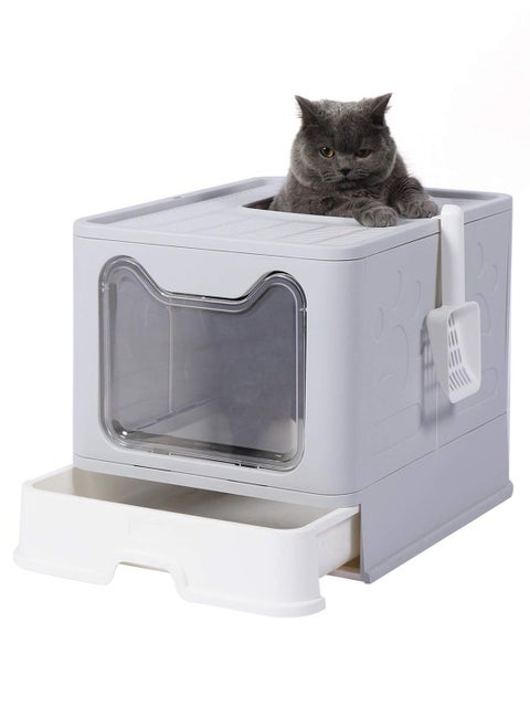 Foldable Cat Litter Box with Lid, Large Top Entry Anti-Splashing Litter Box with Cat Litter Scoop, Enclosed Plastic Kitty Litter Box with Drawer Type Easy Clean Cat Litter Pan Grey