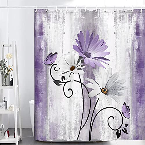 VeiVian Rustic Farmhouse Shower Curtain, Farm Purple Daisy Floral Flowers and Butterfly on Country Wooden Shower Curtain for Bathroom, Violet Grey Bathroom Shower Curtains with 12PCS Hooks, 70X70IN - Image 3