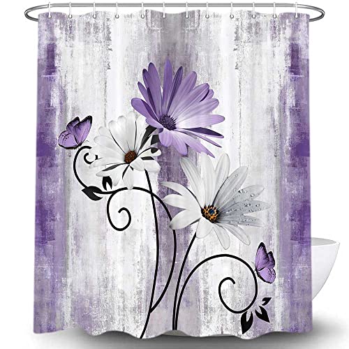 VeiVian Rustic Farmhouse Shower Curtain, Farm Purple Daisy Floral Flowers and Butterfly on Country Wooden Shower Curtain for Bathroom, Violet Grey Bathroom Shower Curtains with 12PCS Hooks, 70X70IN - Image 4
