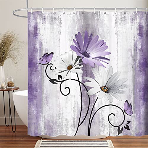 VeiVian Rustic Farmhouse Shower Curtain, Farm Purple Daisy Floral Flowers and Butterfly on Country Wooden Shower Curtain for Bathroom, Violet Grey Bathroom Shower Curtains with 12PCS Hooks, 70X70IN - Image 2