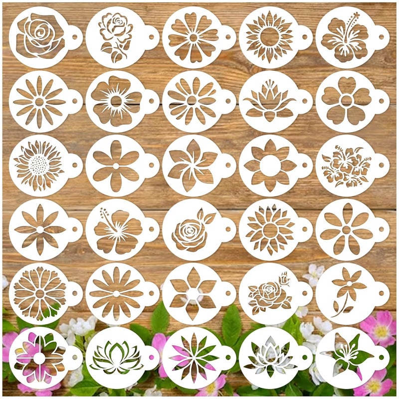 Yhliua Flower Stencils for Cookie Coffee Nature Floral Sunflower Lotus Spring Crafts Reusable Wood Burning Drawing Art Paint Stencils and Patterns for Wall Cake Canvas Furniture 30 Flowers 