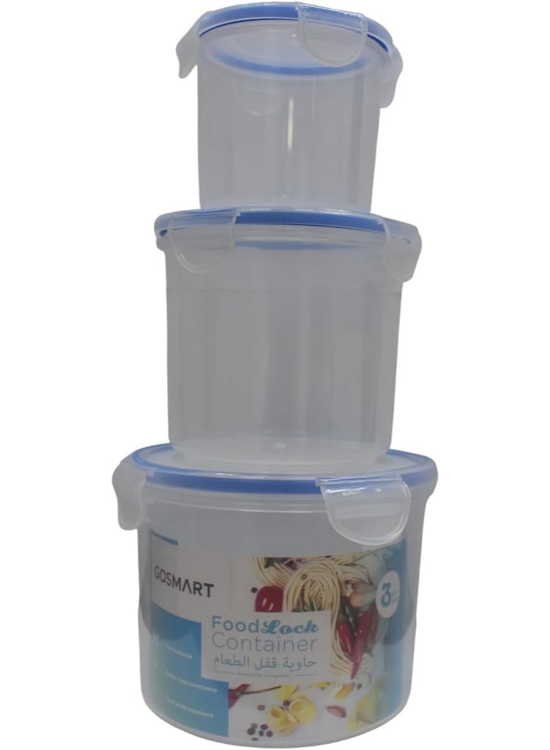 Food Storage Container Set, Clear Plastic with Blue Lids, 3-Piece Set (320ml, 710ml, 1200ml), Airtight Lock Seal
