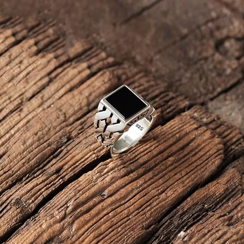 Babylon Silver Men's Black Onyx Ring in Solid Genuine Sterling Silver with 925 Stamp Handmade Cuban Link Chain Motif Braided Ring (Black Onyx, 7) - Image 2