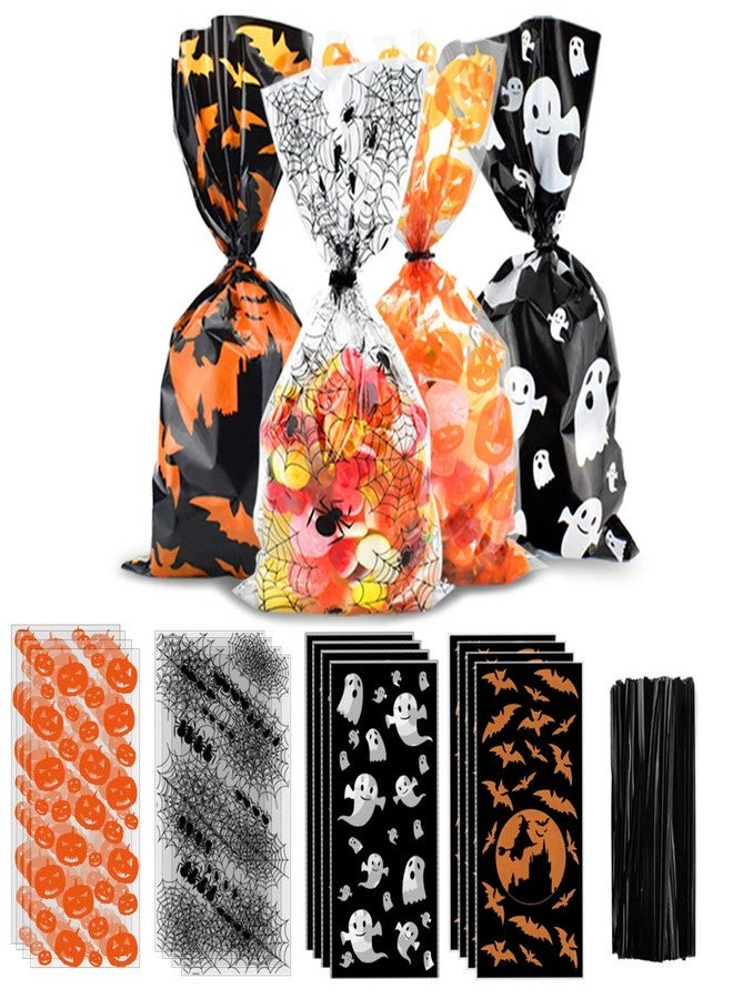 ERKOON Halloween Candy Bags 200pcs Pumpkin Spider Web Bat Ghost Print Treat Bags with Twist Ties for Halloween Party Supplies, Bulk Gift Bags for Trick-or-Treat - Image 1