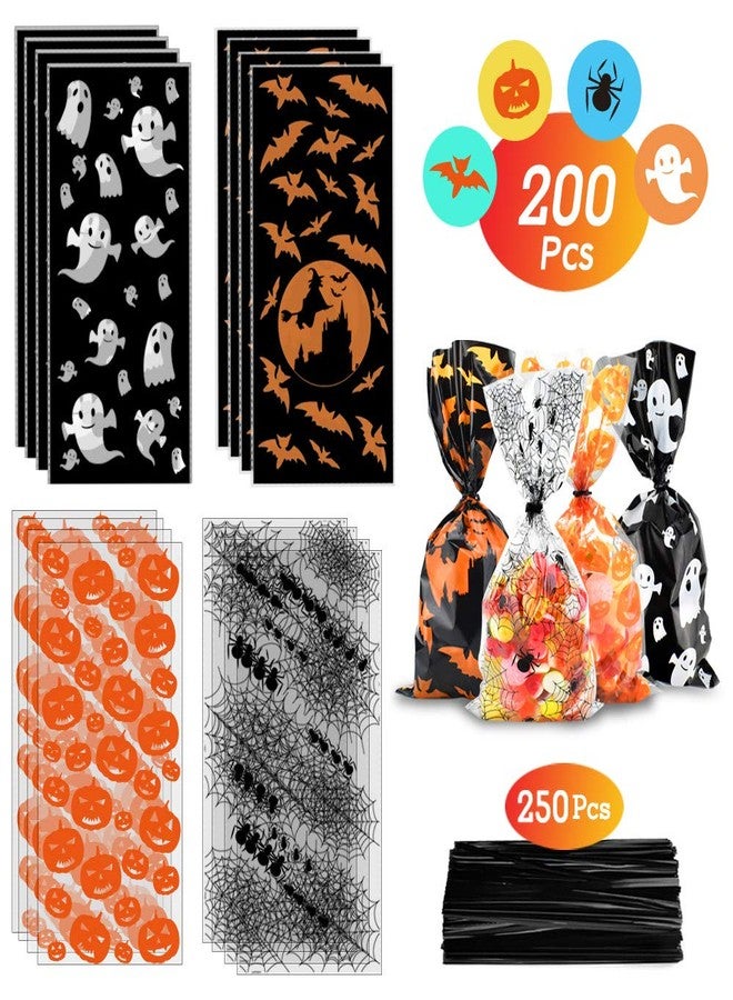 ERKOON Halloween Candy Bags 200pcs Pumpkin Spider Web Bat Ghost Print Treat Bags with Twist Ties for Halloween Party Supplies, Bulk Gift Bags for Trick-or-Treat - Image 2