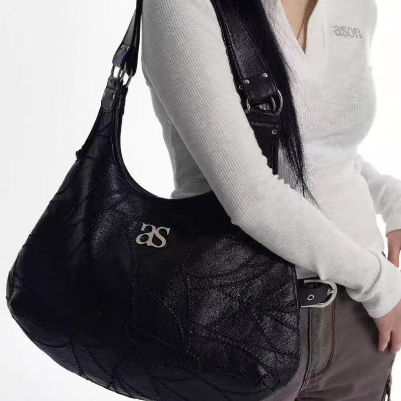 Korean Indie Brand Shoulder Bag in Black with Embroidered Cracked Texture