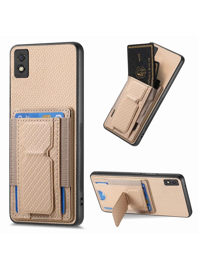 Green Tiger For Xiaomi Redmi 9A Carbon Fiber Fold Stand Elastic Card Bag Phone Case(Khaki)
